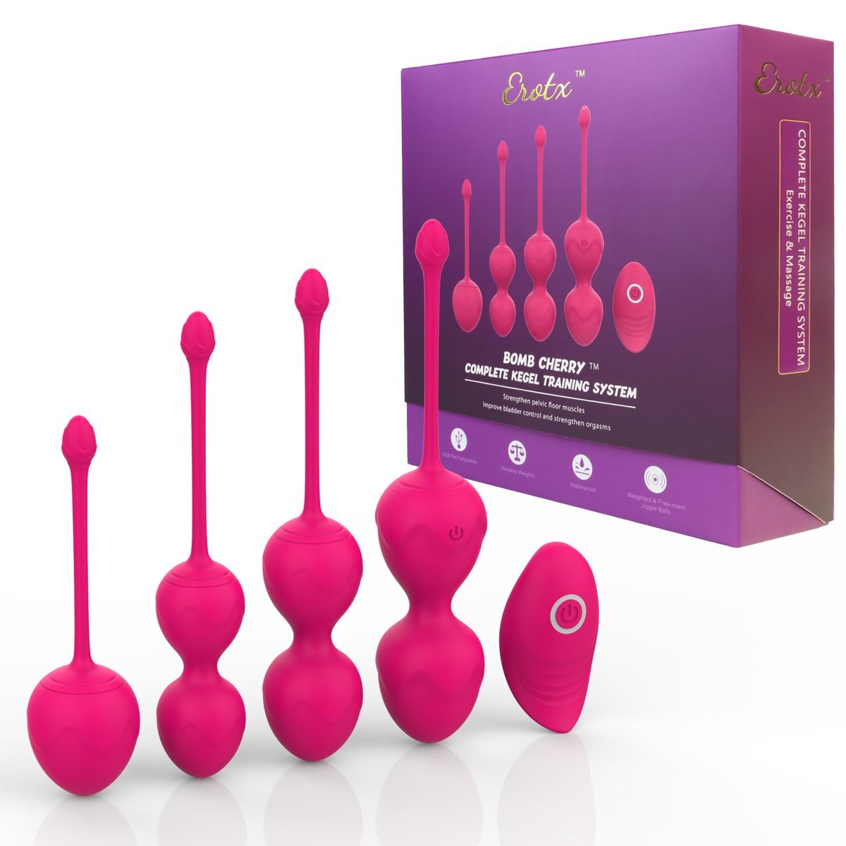 The Erotx Bomb Cherry kegel training system in magenta, with its trainer, remote and box